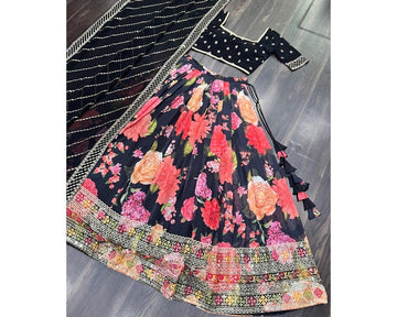 Designer Heavy Flower print Bridal Black Wedding Lehenga