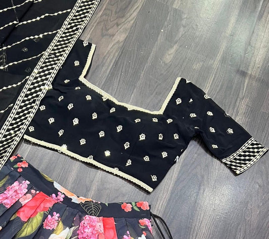 Designer Heavy Flower print Bridal Black Wedding Lehenga