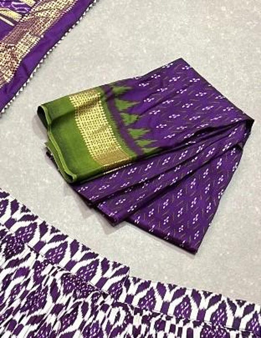 Purple Colour Ikkat Print with Foil Work Tussar Silk Lehenga Choli
