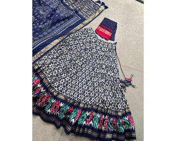 Blue Color Ikkat Print With Foil Work Tussar Silk Lehenga Choli