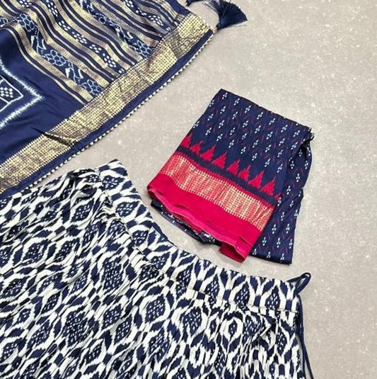 Blue Color Ikkat Print With Foil Work Tussar Silk Lehenga Choli