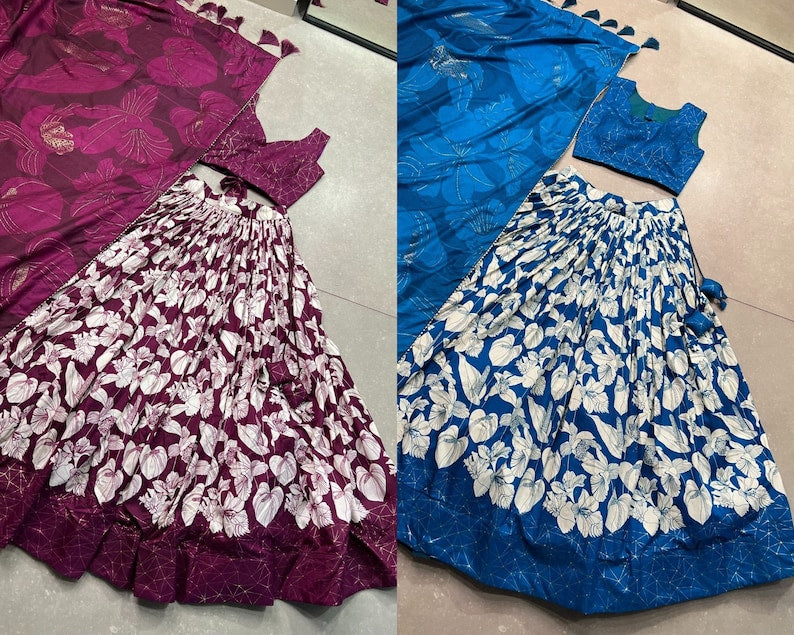 Glamorous Blue Floral Printed Function Wear Lehenga Choli