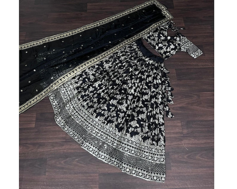 Black Color Georgette And Thread With Sequnce Work Party Wear Collection Special Lehenga Choli Set