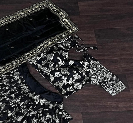 Black Color Georgette And Thread With Sequnce Work Party Wear Collection Special Lehenga Choli Set