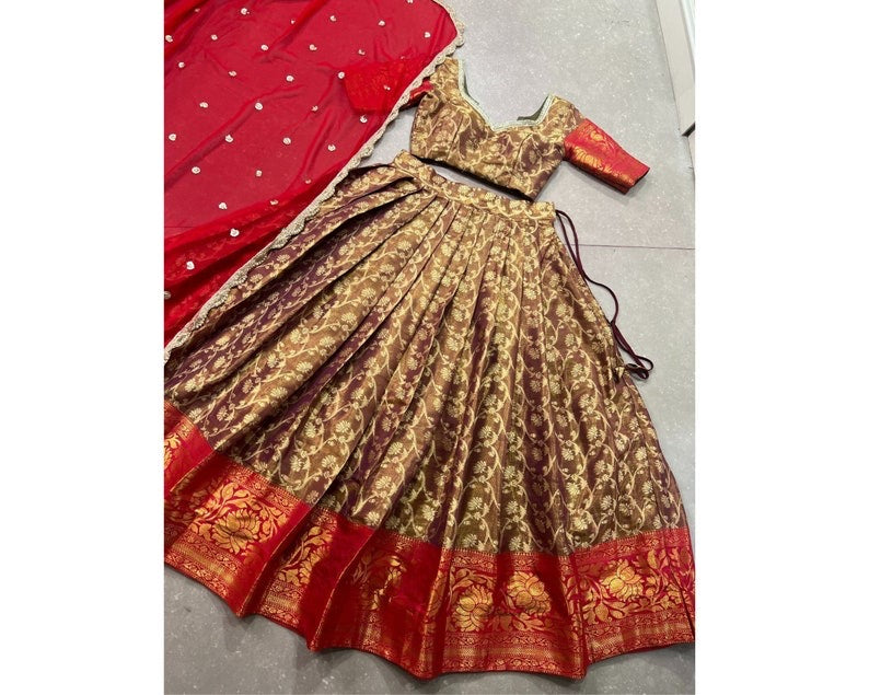 Cocoa Brown Zari Woven Jacquard Silk Lehenga Choli