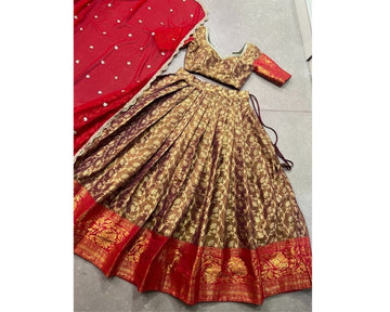 Cocoa Brown Zari Woven Jacquard Silk Lehenga Choli