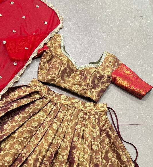 Cocoa Brown Zari Woven Jacquard Silk Lehenga Choli