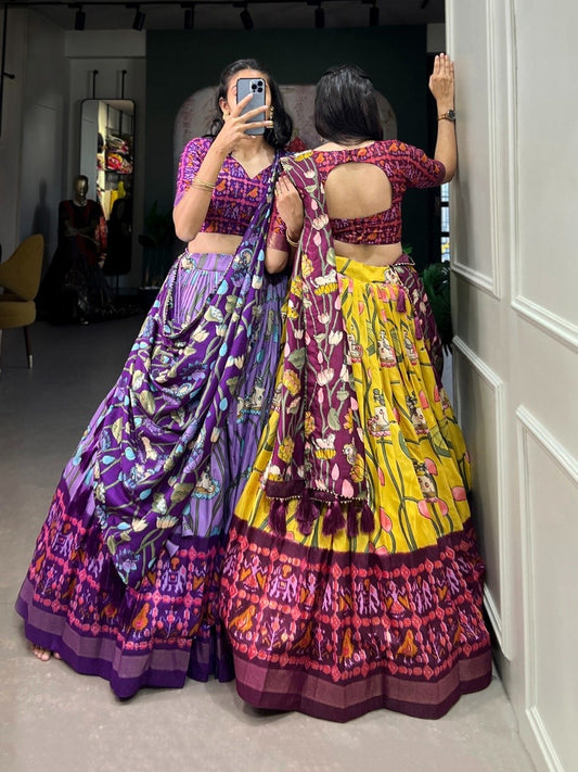 Gorgeous Yellow Patola Print Zari Weaving Border Work Lehenga Choli