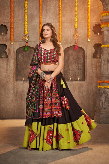 Chiffon Multi Black And Mahendi Ready Made Lehenga Choli