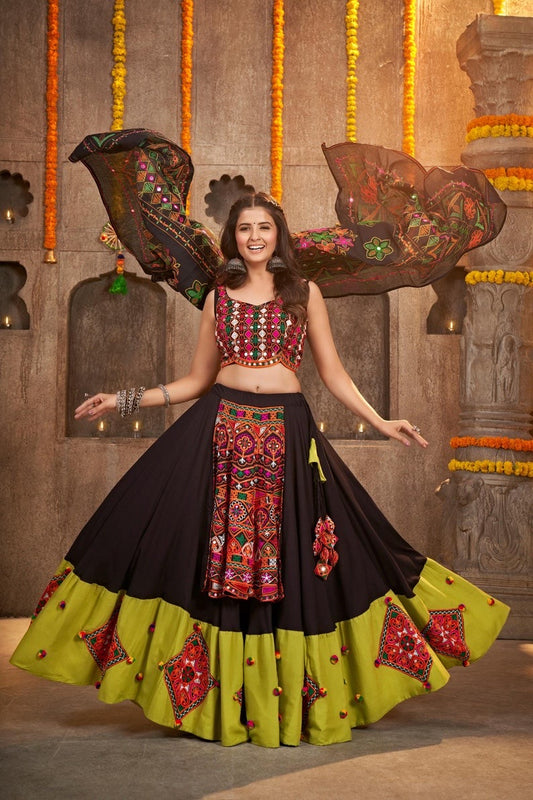 Chiffon Multi Black And Mahendi Ready Made Lehenga Choli