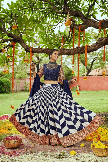 Digital Printed Muslin Cotton Lehenga in Navy Blue and Off White