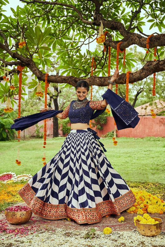 Digital Printed Muslin Cotton Lehenga in Navy Blue and Off White
