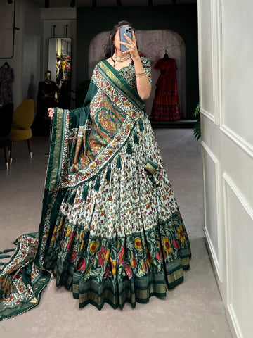 Women,s Tussar Silk With Leheriya And Foil Print Lehenga choli