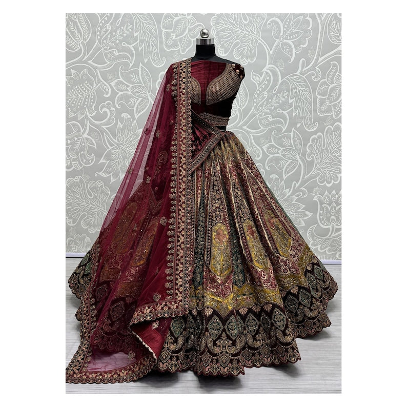 Traditional Wedding Bridal Embroidered Velvet Fabric Lehenga in Maroon Colour