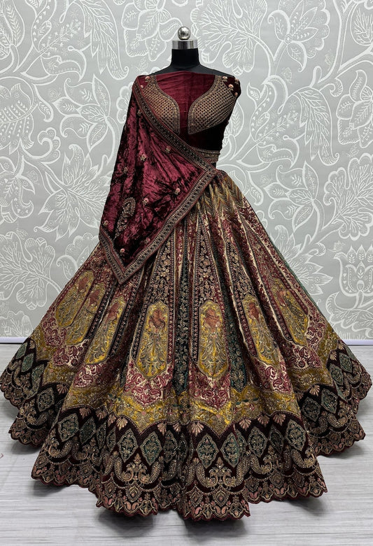 Traditional Wedding Bridal Embroidered Velvet Fabric Lehenga in Maroon Colour