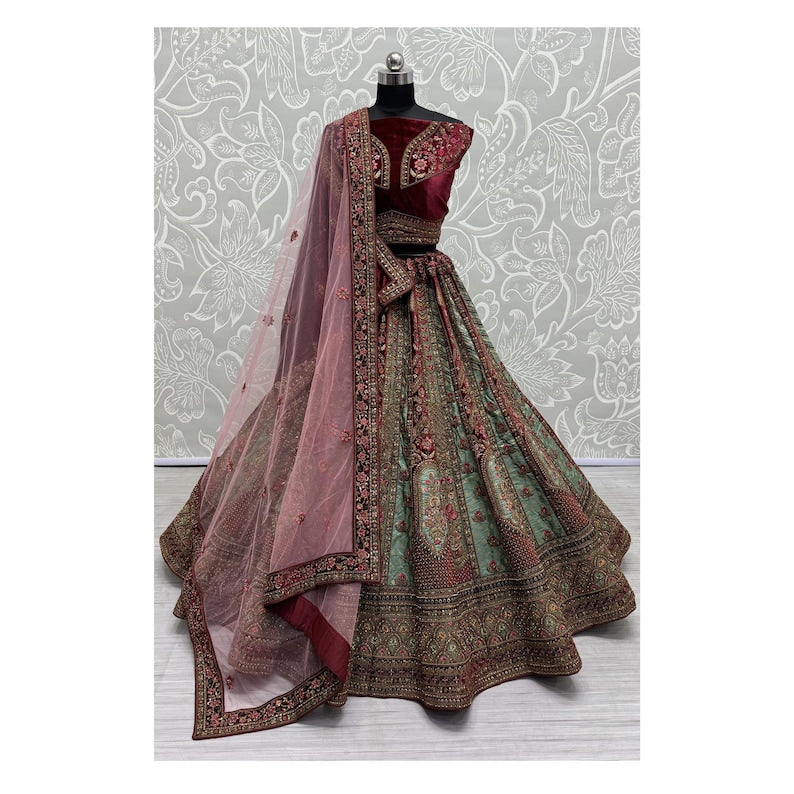 Beige and Maroon Dori, Embroidered, Patch Border, Sequins, Thread and Zari Work Velvet Lehenga Choli