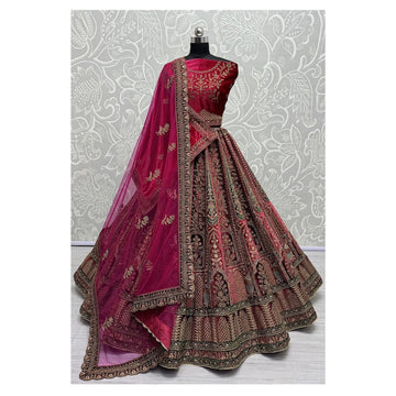 Traditional Wedding Bridal Embroidered Velvet Fabric Lehenga in Maroon Colour