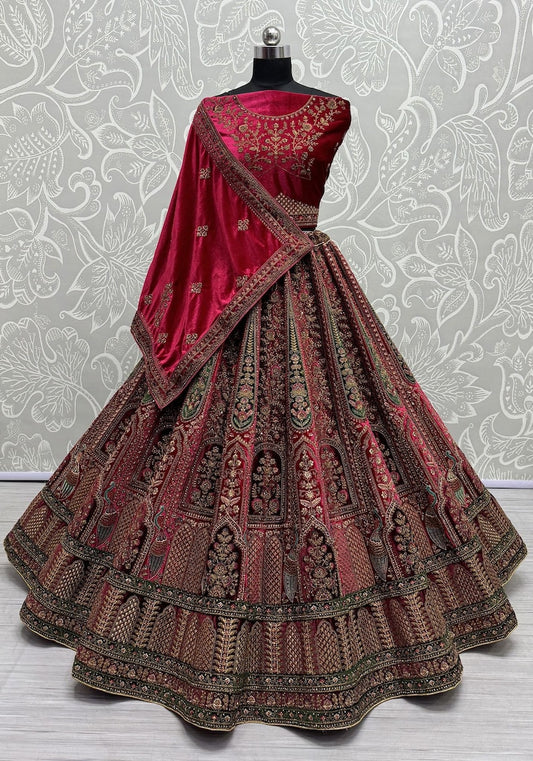 Traditional Wedding Bridal Embroidered Velvet Fabric Lehenga in Maroon Colour