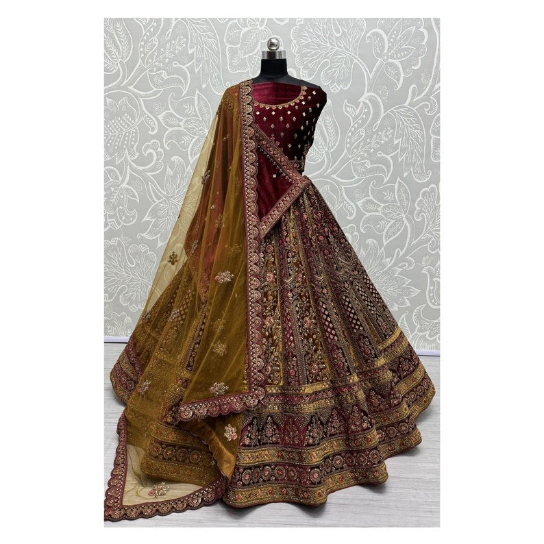 Traditional Wedding Bridal Embroidered Velvet Fabric Lehenga Choli