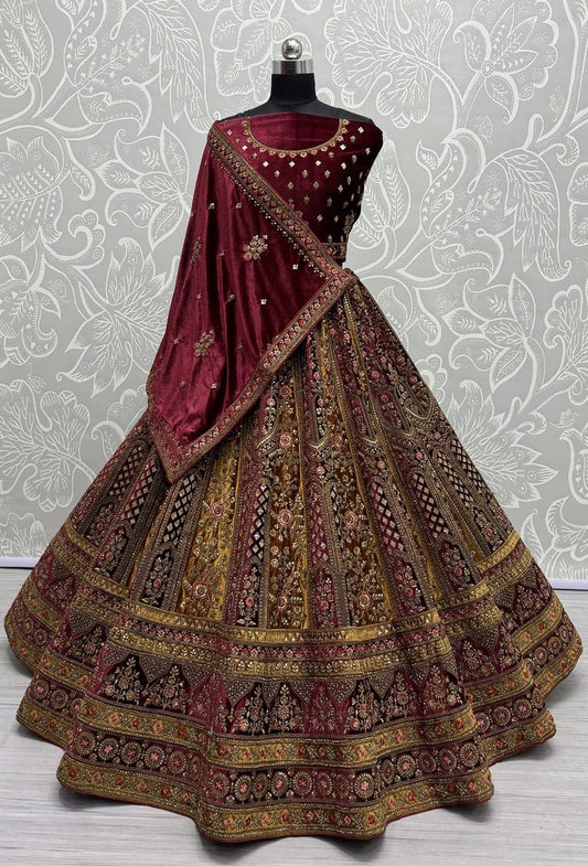 Traditional Wedding Bridal Embroidered Velvet Fabric Lehenga Choli