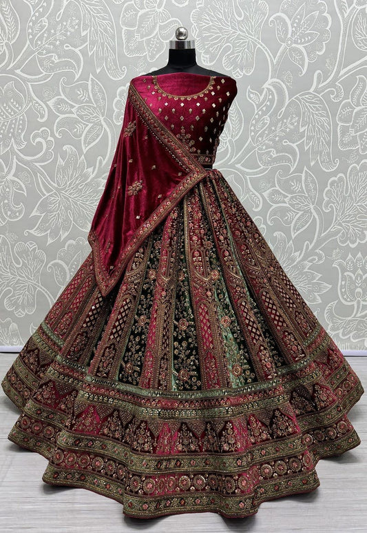 Traditional Wedding Bridal Embroidered Velvet Fabric Lehenga Choli