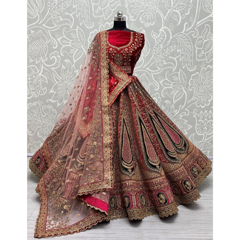 Traditional Wedding Bridal Embroidered Velvet Fabric Lehenga Choli