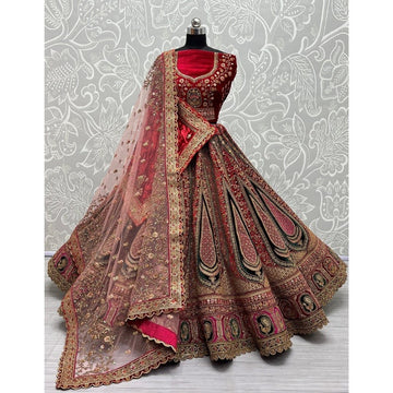 Traditional Wedding Bridal Embroidered Velvet Fabric Lehenga Choli