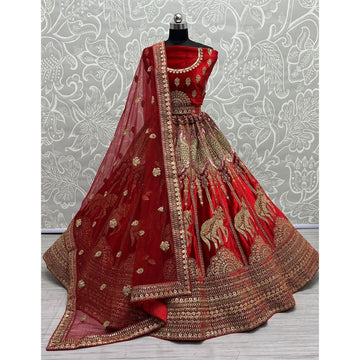 Traditional Wedding Bridal Embroidered Velvet Fabric Lehenga in Red Colour