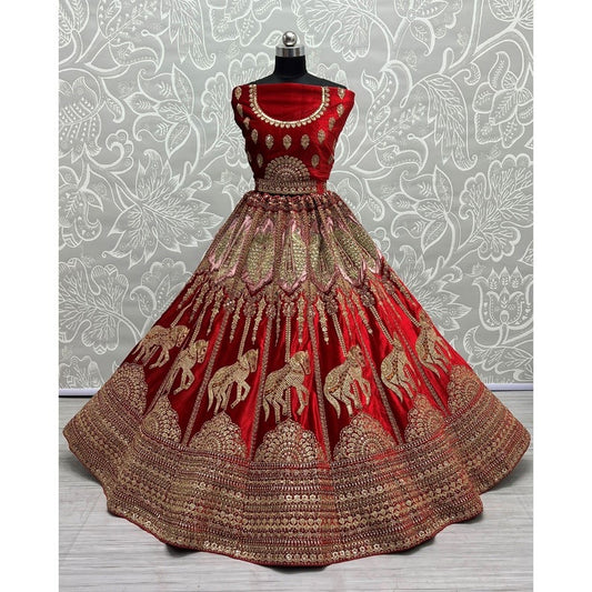 Traditional Wedding Bridal Embroidered Velvet Fabric Lehenga in Red Colour