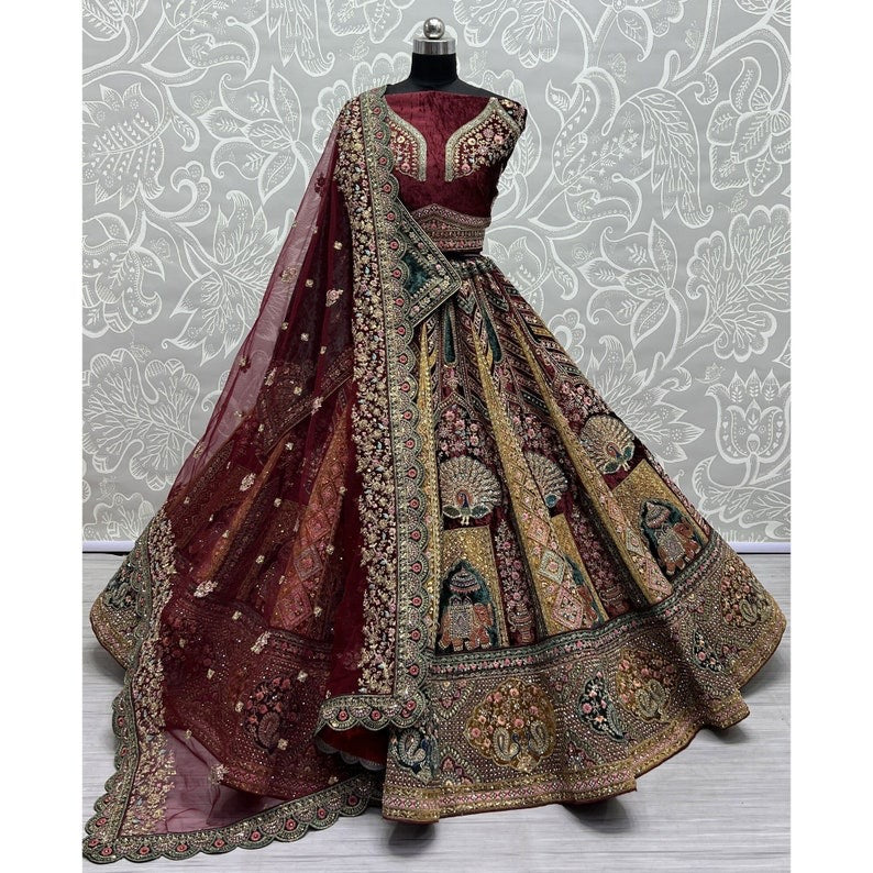 Traditional Wedding Bridal Embroidered Velvet Fabric Lehenga Choli