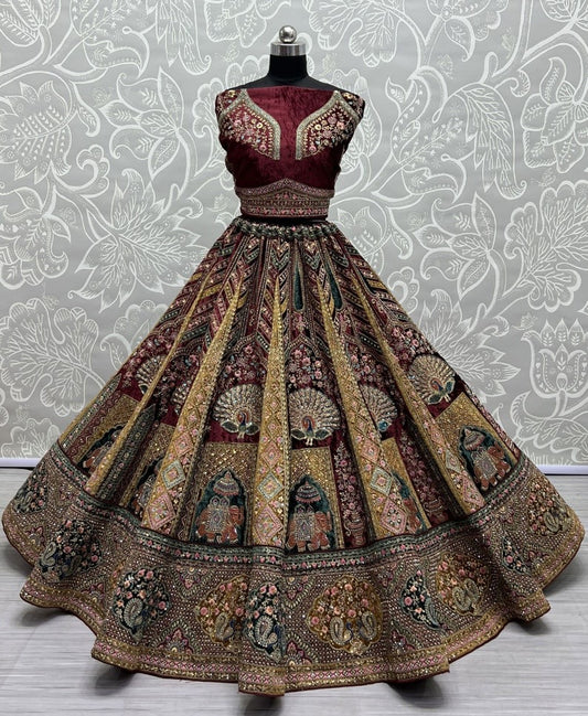 Traditional Wedding Bridal Embroidered Velvet Fabric Lehenga Choli