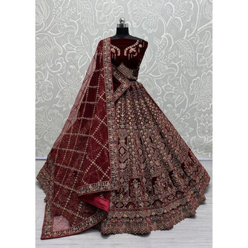 Traditional Wedding Bridal Embroidered Velvet Fabric Lehenga Choli