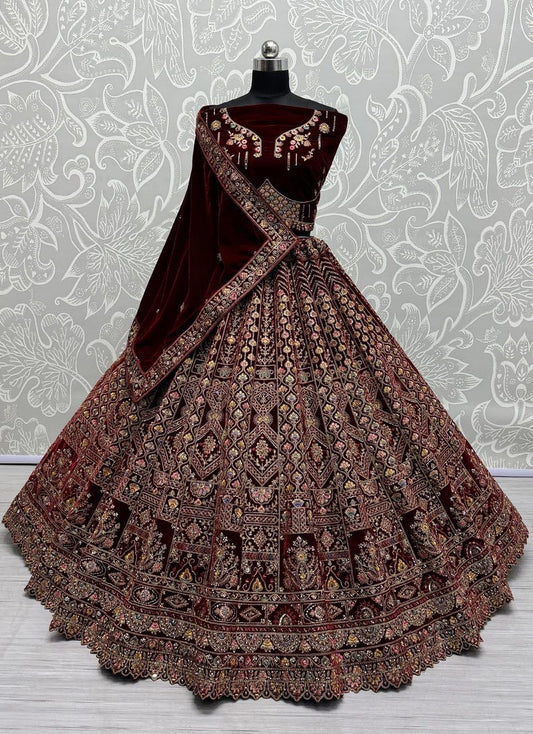Traditional Wedding Bridal Embroidered Velvet Fabric Lehenga Choli