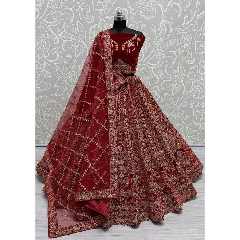 Traditional Wedding Bridal Embroidered Velvet Fabric Lehenga Choli