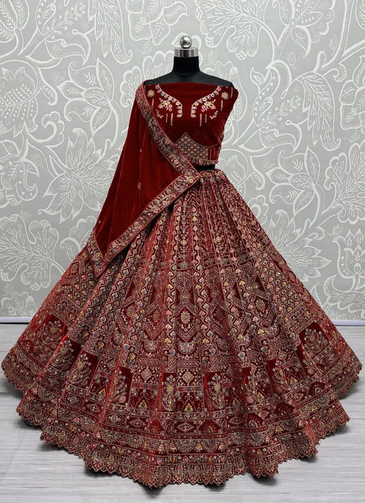 Traditional Wedding Bridal Embroidered Velvet Fabric Lehenga Choli