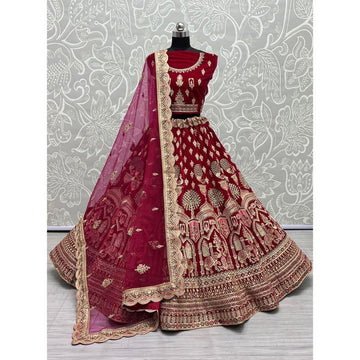 Velvet Embroidered Bridal Lehenga Choli and Dupatta Set