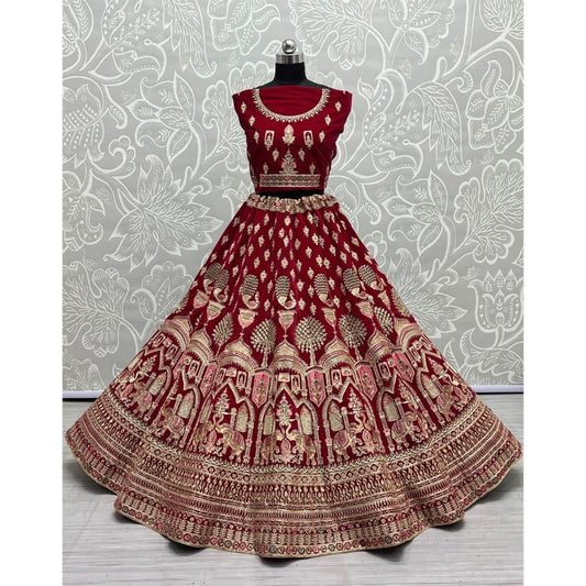 Velvet Embroidered Bridal Lehenga Choli and Dupatta Set