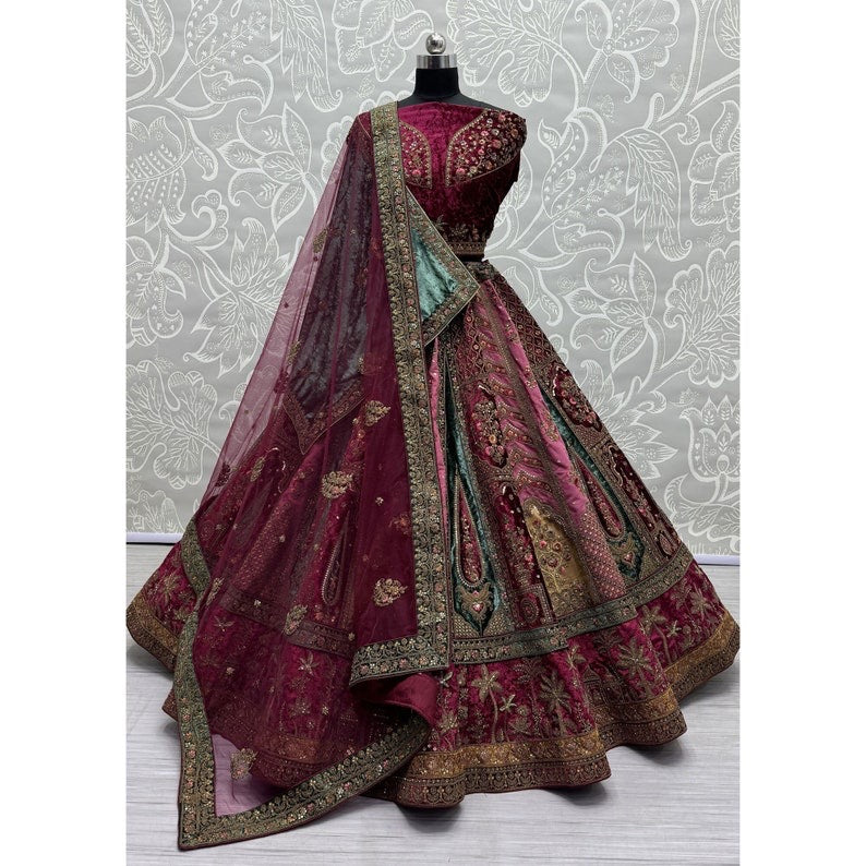 Velvet Embroidered Bridal Lehenga Choli and Dupatta Set