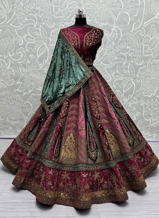 Velvet Embroidered Bridal Lehenga Choli and Dupatta Set
