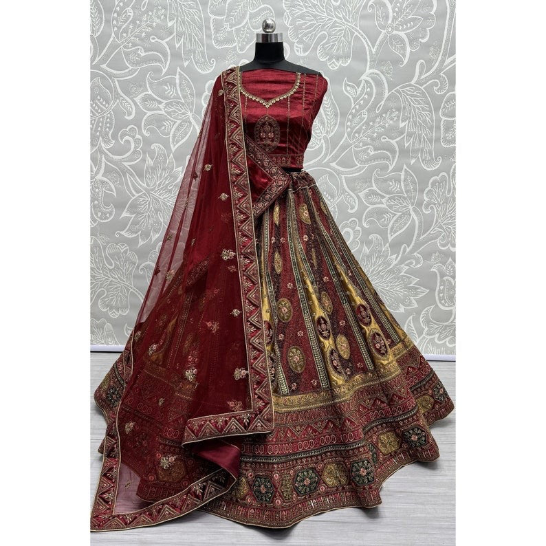 Velvet Embroidered Bridal Lehenga Choli and Dupatta Set