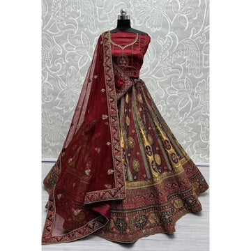 Velvet Embroidered Bridal Lehenga Choli and Dupatta Set