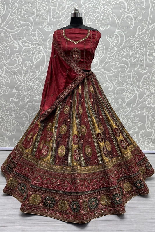 Velvet Embroidered Bridal Lehenga Choli and Dupatta Set