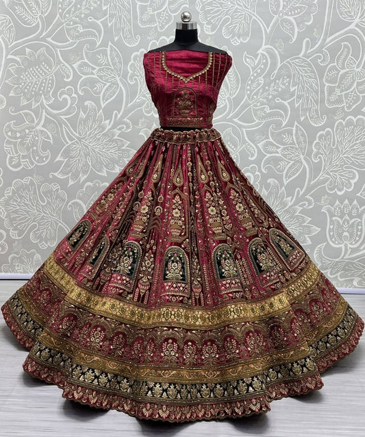 Gorgeous Maroon Color Pure Velvet Lehenga With Multi Thread Work, Sequence work, Dori Work, Zircon Diamond