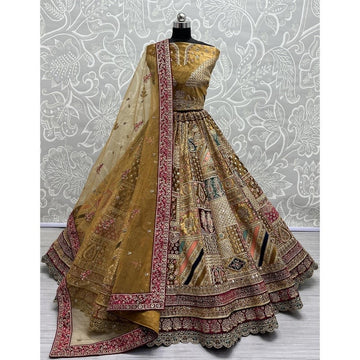 Customary Velvet Multi Green A Line Lehenga Choli