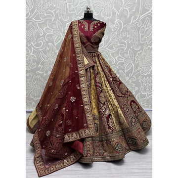 Customary Velvet Multi Green A Line Lehenga Choli