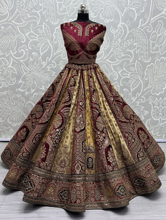 Customary Velvet Multi Green A Line Lehenga Choli