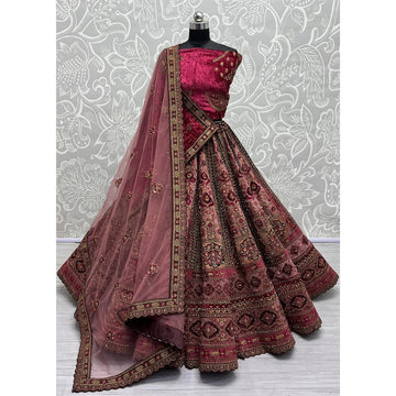 Alluring Pink Embroidered Velvet Lehenga Choli With Double Dupatta