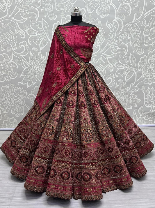 Alluring Pink Embroidered Velvet Lehenga Choli With Double Dupatta
