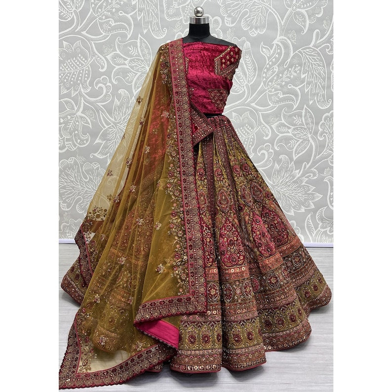Alluring Red Embroidered Velvet Lehenga Choli With Double Dupatta
