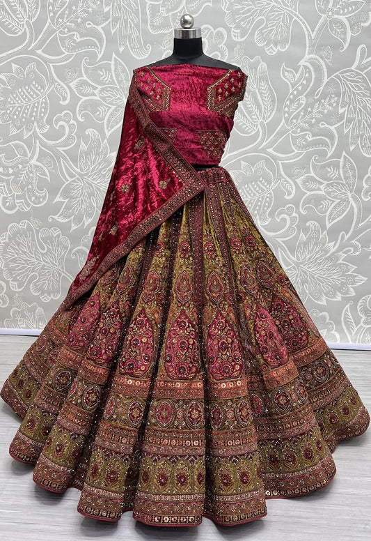 Alluring Red Embroidered Velvet Lehenga Choli With Double Dupatta